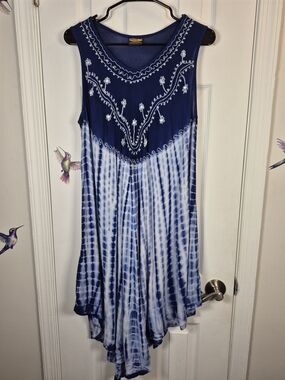 Rima Beachworld Indigo Blue Tie Dye Embroidered Boho Handkerchief Hem Dress